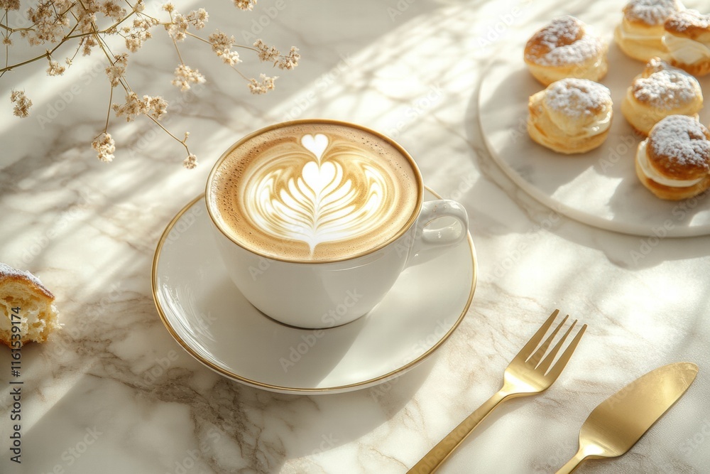 Poster premium coffee with intricate latte art on marble table with pastries in bright daylight. generative