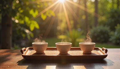 Fototapeta premium Traditional Chinese tea set, wooden serving tray, morning, elegant and serene, steam rising from cups, 