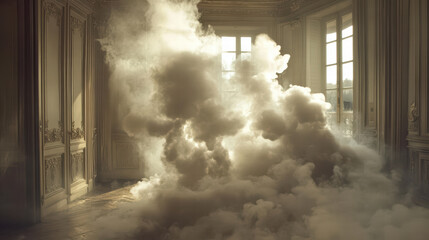 dimly lit room filled with large clouds of smoke creates mysterious atmosphere, enhancing sense of intrigue and drama. soft light filtering through windows adds depth to scene