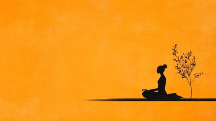 Yoga Woman Silhouette in Lotus Pose on Orange Floral Ornate Background
