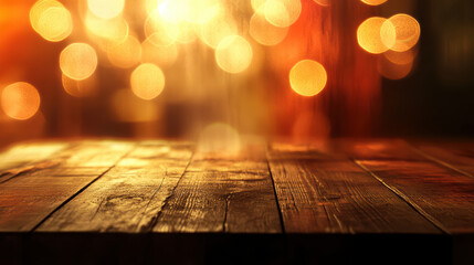 Rustic wooden table top glowing with bokeh lights creates warm atmosphere. Perfect for cozy gatherings or festive occasions, this captures serene ambiance