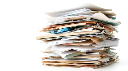 Obraz premium tall stack of disorganized financial documents and papers, showcasing clutter and chaos in office setting
