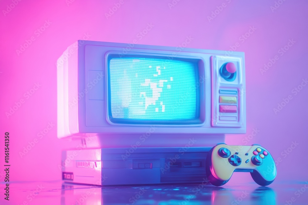 Leinwandbilder Retro gaming console with bright screen and colorful controller on reflective surface in a vibrant atmosphere. Generative AI