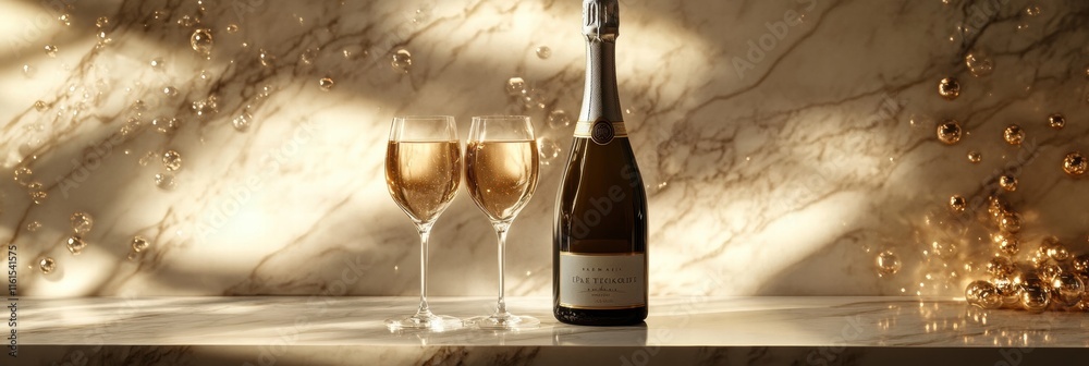 Poster premium champagne bottle and crystal flutes set on a marble table with elegant lighting. generative 