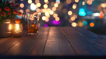 stylish wooden table top is beautifully illuminated by colorful bokeh lights, creating warm and inviting atmosphere. glass and candle add to cozy ambiance