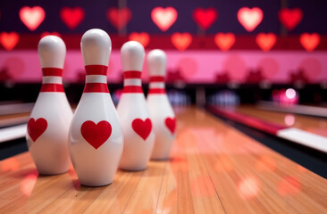 bowling pins with hearts red on them, alley decorated for Valentine's Day in the background, copy space