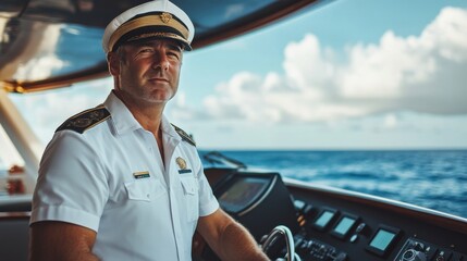 Confident Captain at the Helm of a Luxury Yacht, Navigating Calm Ocean Waters Under a Blue Sky