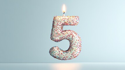 Fototapeta premium Number Five Birthday Cake with Lit Candle on Bright Background