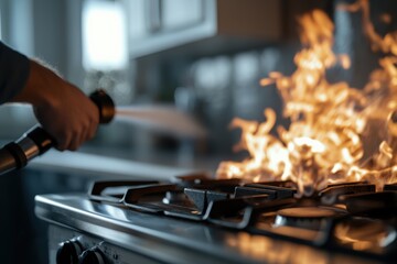 An intense action shot showcasing a person using a fire extinguisher to control flames in a kitchen, emphasizing safety and emergency response in domestic settings.