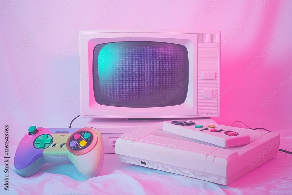Leinwandbilder retro gaming console setup with controller and classic television in vibrant lighting. generative ai