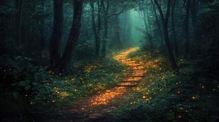 Obraz premium Enchanting forest path with fireflies illuminating stone steps.