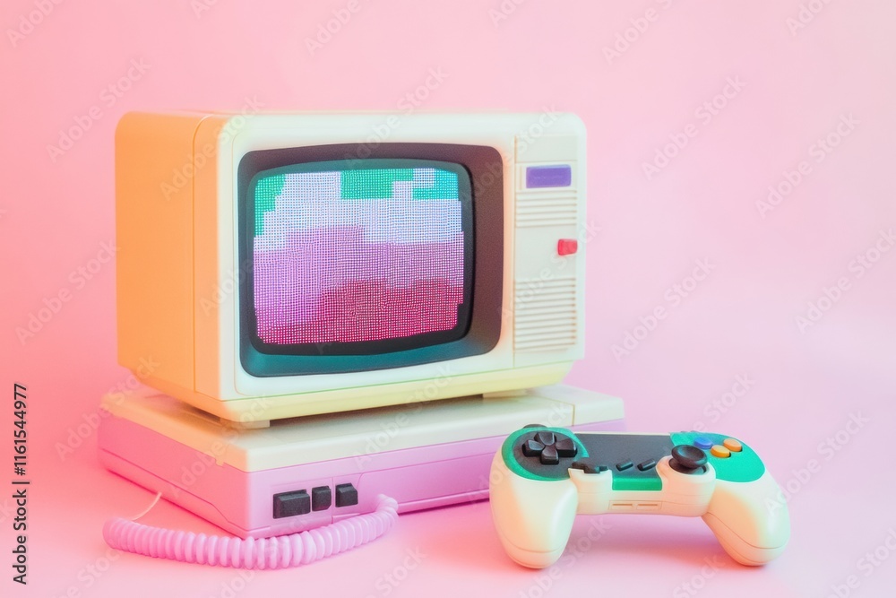 Poster Retro gaming console with pixelated display and controller against pastel background. Generative AI