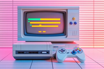 Retro gaming console setup featuring a vintage display and colorful lighting in a nostalgic gaming room. Generative AI