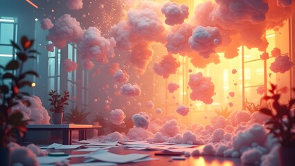 Abstract Web Design Studio Concept, Floating Pages, Glowing Orbs, and Creative Energy