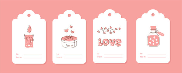 Set of Valentine's Day Gift Tags templates with designs a picture of featuring a candle, cake, heart garland and love potion. This pink concept is perfect for romantic holidays.