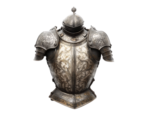 Intricate medieval armor showcasing beautiful engravings and polished metal surfaces. Isolated on transparent white background, png	
