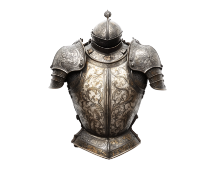 Intricate medieval armor showcasing beautiful engravings and polished metal surfaces. Isolated on transparent white background, png	
