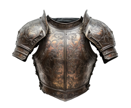 Ornate male armor with intricate engravings and a shiny finish, showcasing craftsmanship and historic design. Isolated on transparent white background, png	
