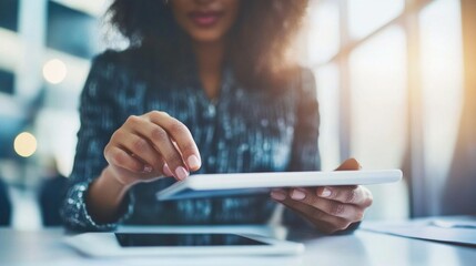Smiling woman working on tablet computer