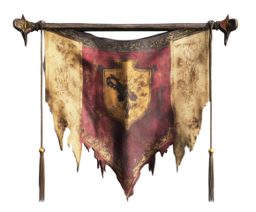 An ornate, tattered medieval banner displaying a shield motif, with rich red and gold colors. Isolated on transparent white background, png	
