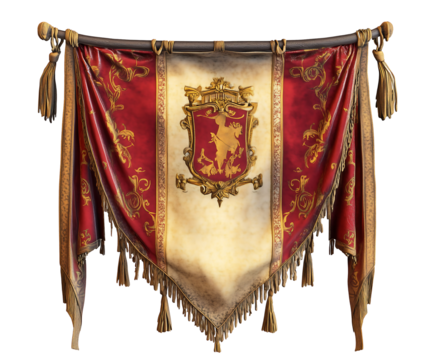 A regal red and gold banner featuring a shield with a lion emblem, elegantly hanging with decorative tassels. Isolated on transparent white background, png	
