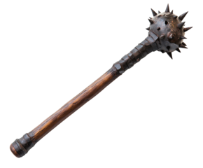 A detailed medieval mace with a wooden handle and a spiked metallic head. Isolated on transparent white background, png	
