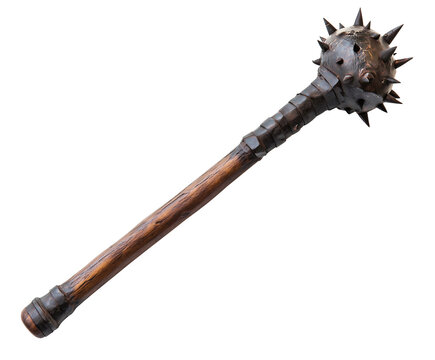 A detailed medieval mace with a wooden handle and a spiked metallic head. Isolated on transparent white background, png	
