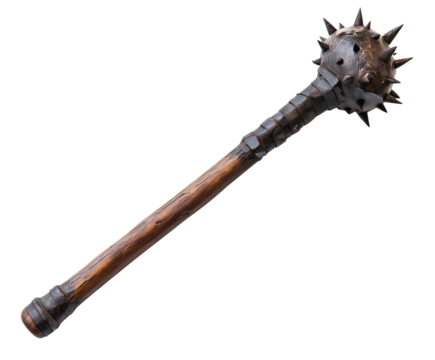 A detailed medieval mace with a wooden handle and a spiked metallic head. Isolated on transparent white background, png	
