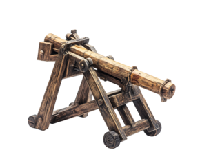 A wooden catapult model showcasing intricate craftsmanship and historical design. Isolated on transparent white background, png	
