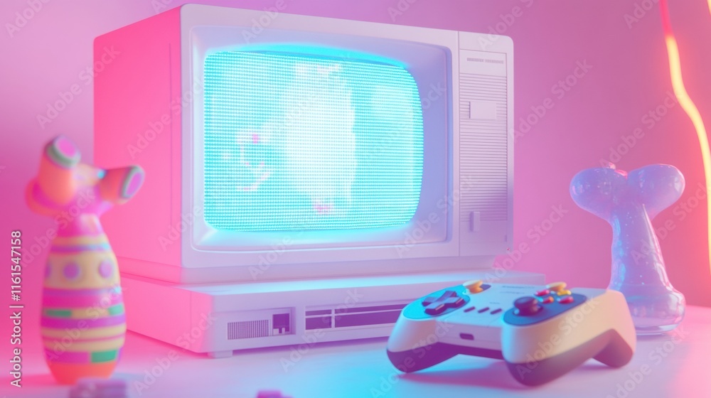 Leinwandbilder Retro gaming console setup with vibrant colors and nostalgic vibes in a cozy gaming nook. Generative AI