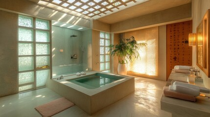 Fototapeta premium Luxurious spa bathroom with soaking tub, shower, and natural light.