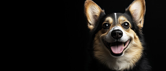 Banner com um Corgi feliz em um fundo preto.