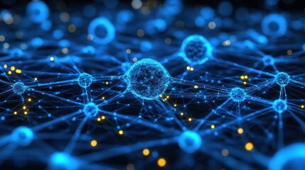 Abstract network of glowing blue nodes and connections.