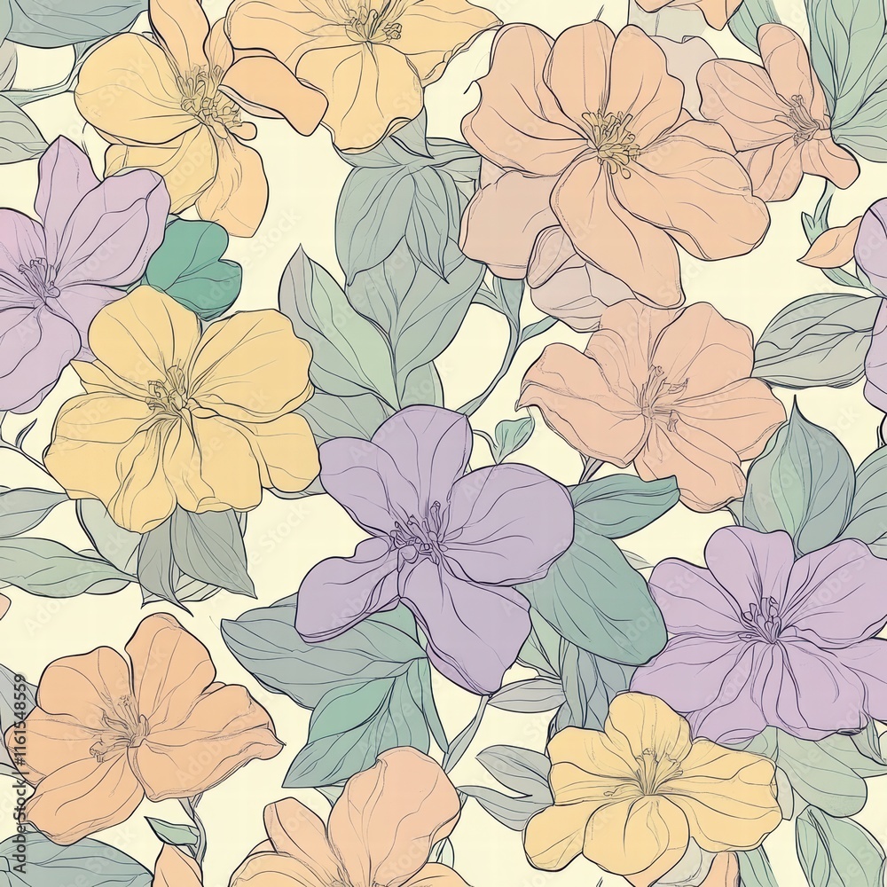 Poster floral pattern showcasing delicate blooms in soft pastel colors with intricate leaf designs on a cre