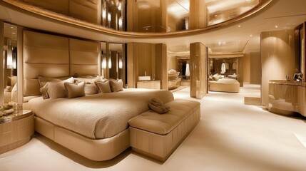 Luxurious beige master suite with king bed, plush seating, and mirrored ceiling.
