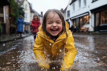 This image features a young girl joyfully playing in the rain on a picturesque street, capturing the essence of childhood joy and the beauty of a rainy day.