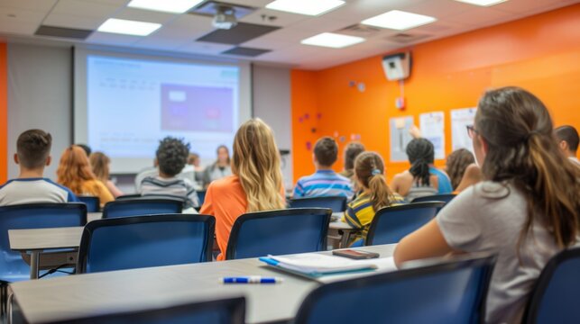 Students attending a lecture in a modern classroom with projector for educational and presentation-based campaigns.
