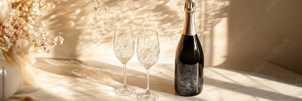 Poster Luxury champagne bottle with crystal flutes set on an elegant table under soft ambient light. Generative AI