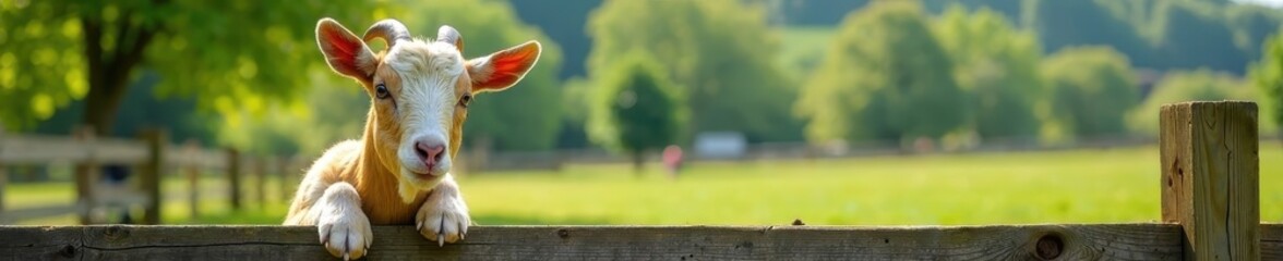 Fototapeta premium Goats' head and front legs over wooden fence, sunny day, perched, photography, fence
