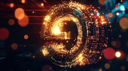 Glowing golden circular abstract digital technology.