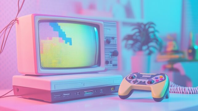 Retro gaming console set up on a table with a colorful display, offering nostalgic entertainment in a vibrant room atmosphere. Generative AI