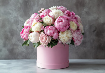 A beautiful bouquet mock up of peonies and roses in an elegant pink round box on the table, against a gray background, with studio lighting