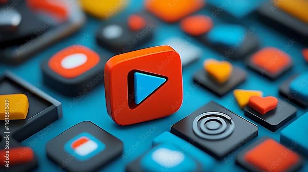 Poster vibrant 3d abstract icons set in orange and blue for digital media concept design : generative ai