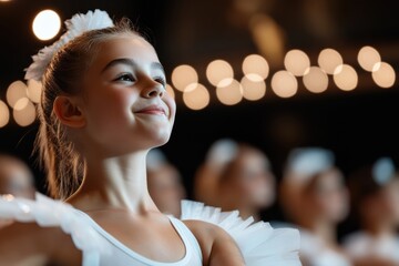 In a charming ballet studio, a young girl poses gracefully, her face radiating delight as she engages in the beautiful art of dance beneath dazzling lights.