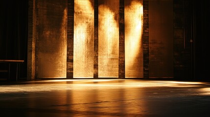 Dark stage with golden illuminated panels and reflective floor.
