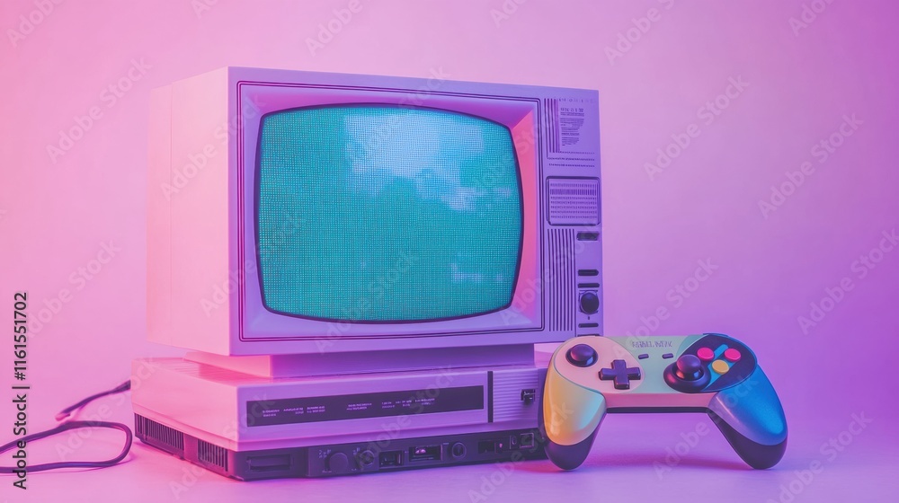 Poster retro gaming console with vintage television set and colorful controller on display in a playful set