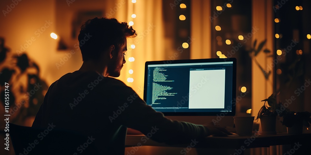 Poster Programmer working late night on computer with code bright screen in warmly lit room : Generative AI