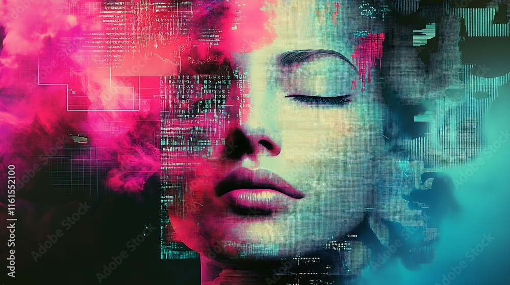 Aufkleber Digital Art Portrait with Neon Colors Fusion of Technology and Human Emotion : Generative AI