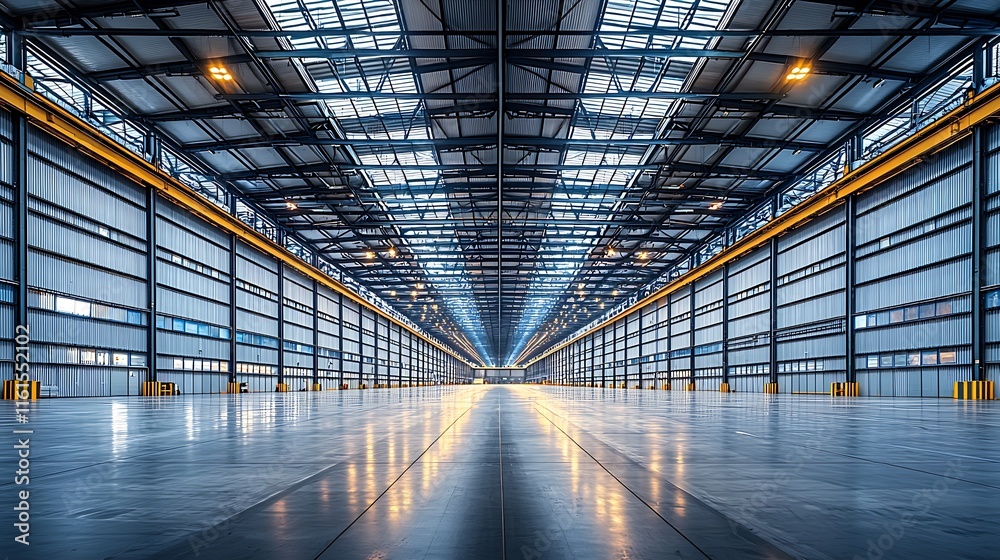 Poster vast modern warehouse facility with symmetrical architecture and bright lighting : generative ai