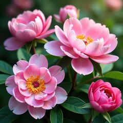 Luscious pink peonies and roses, abundant blooms ample copy space , backdrop, flowers